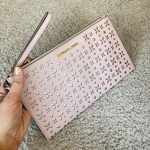 Michael Kors Jet Set Perforated Leather Clutch Wristlet Light Pink Laser Purse